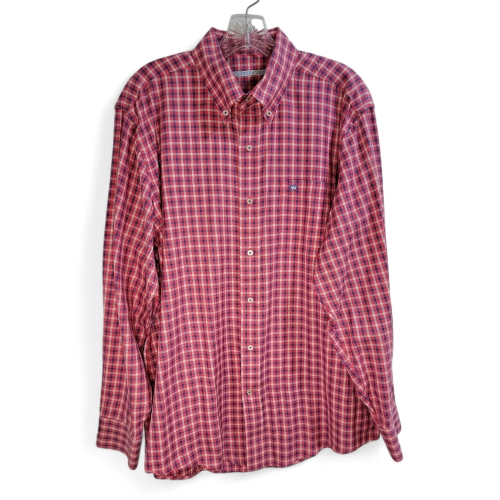 Southern Tide Pink & Blue Plaid Men's Large‎ Button Down 100% Cotton Regular Fit